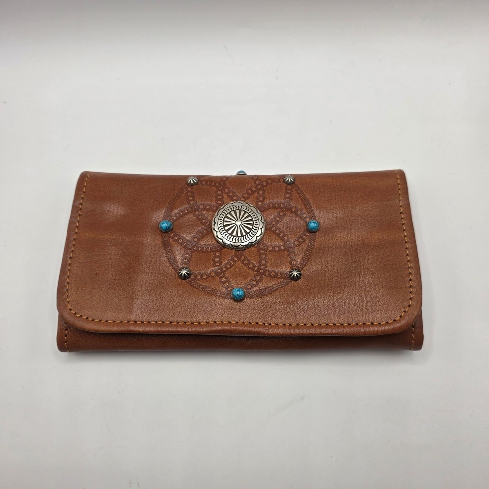 American West Brown Leather Tooled Concho Turquoise Trifold Wallet SW15282 NEW
